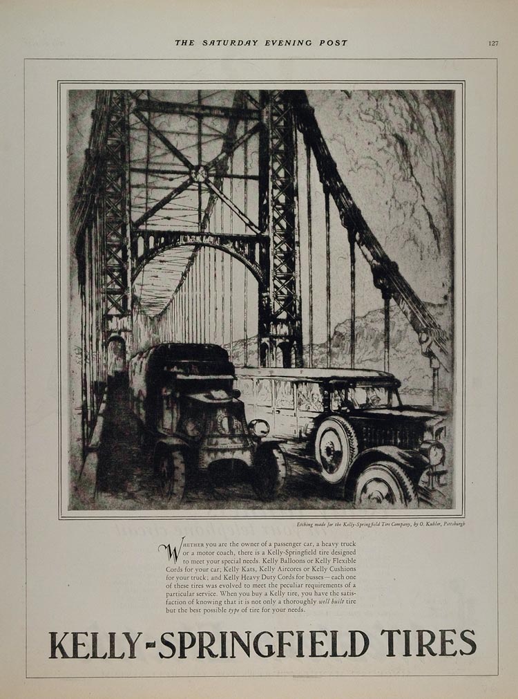 1926 Ad Kelly Springfield Tire Suspension Bridge Kubler - ORIGINAL TIR1