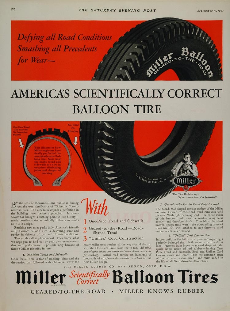 1927 Ad Miller Balloon Tires Vintage Pneumatics Car Parts Akron Automobile TIR1