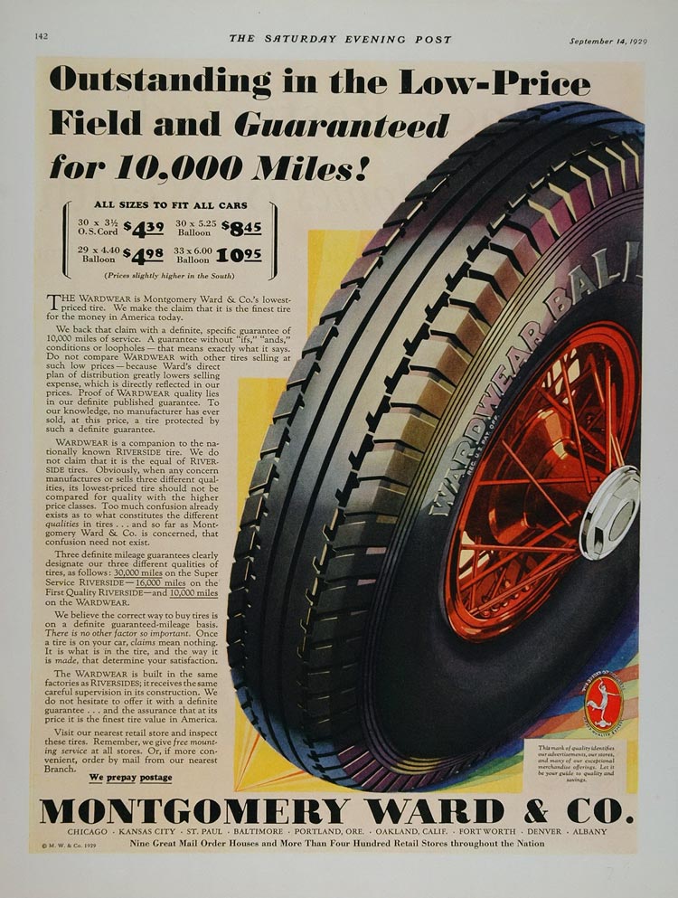 1929 Vintage Ad Wardwear Montgomery Ward Auto Tires Automobiles Cars TIR1