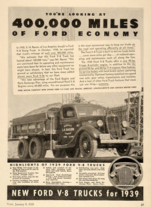 1939 Ad Ford V8 Truck Dump Economy Mileage S.H. Bacon - ORIGINAL ADVERTISING TK1