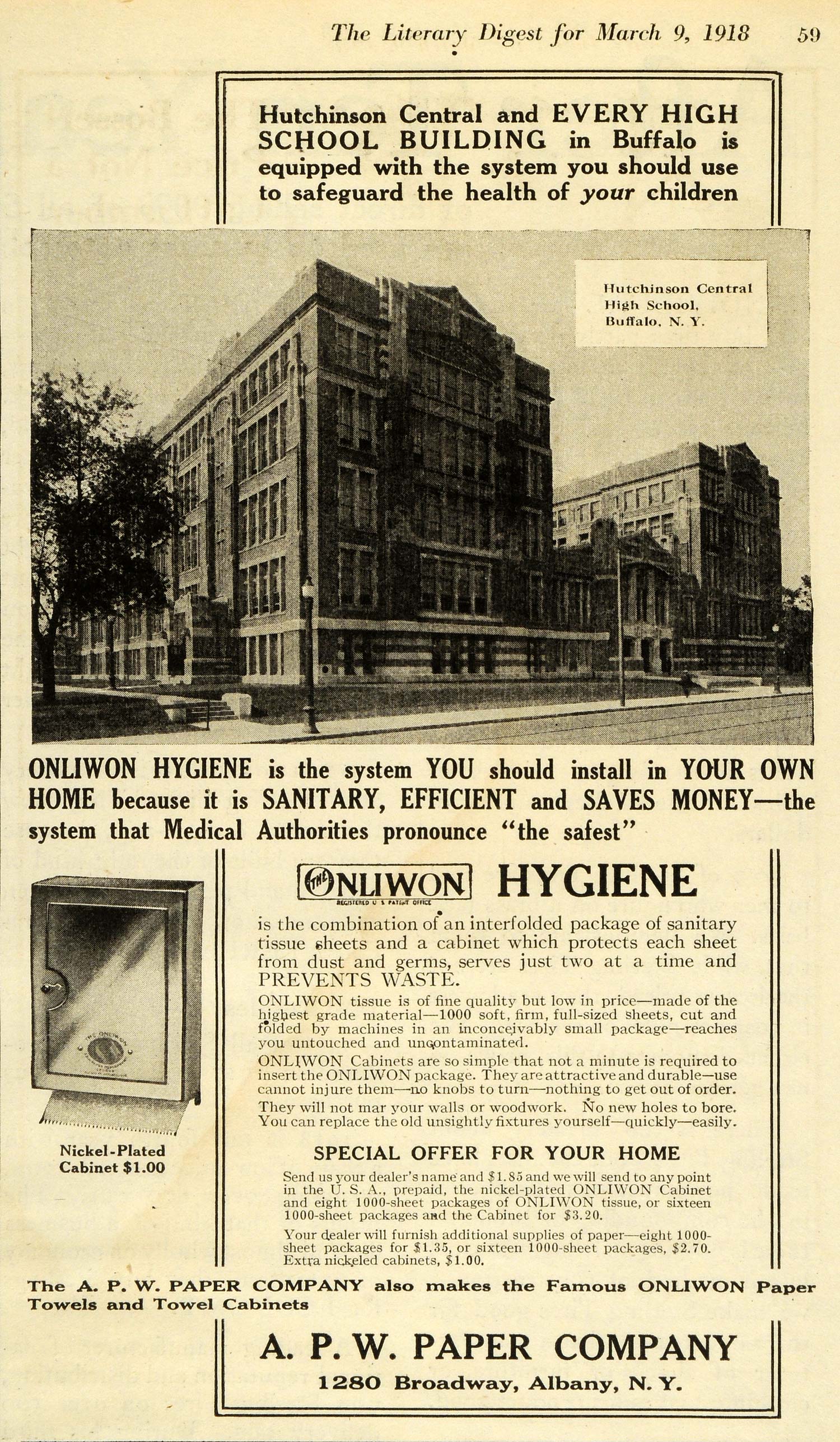 1918 Ad A P W Paper Co Nliwon Hygiene Towels Hutchinson Central High School TLD1