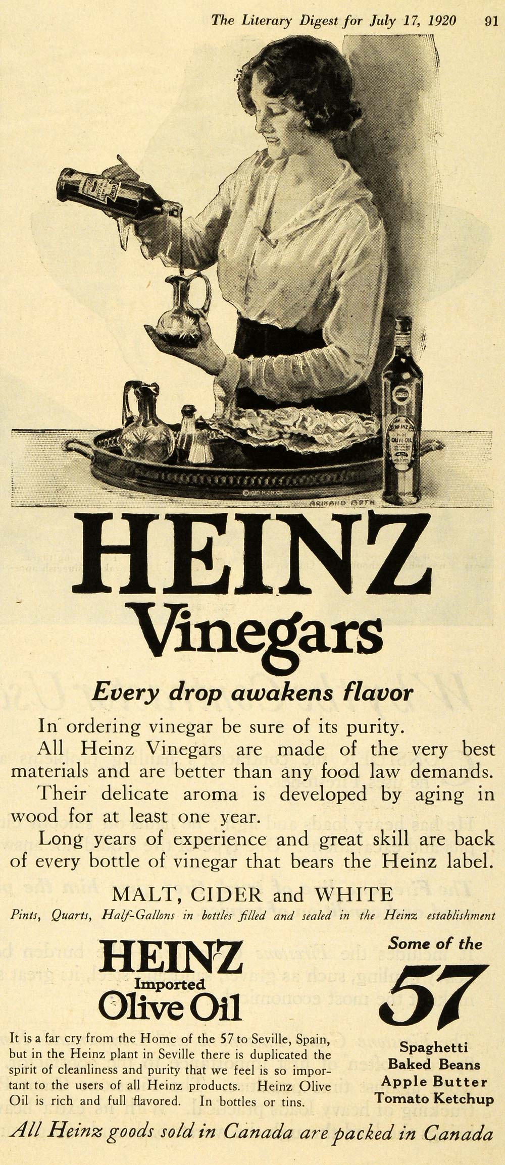 1920 Ad H J Heinz Co. Vinegar Imported Olive Oil Bottle Food Products Salad TLD1