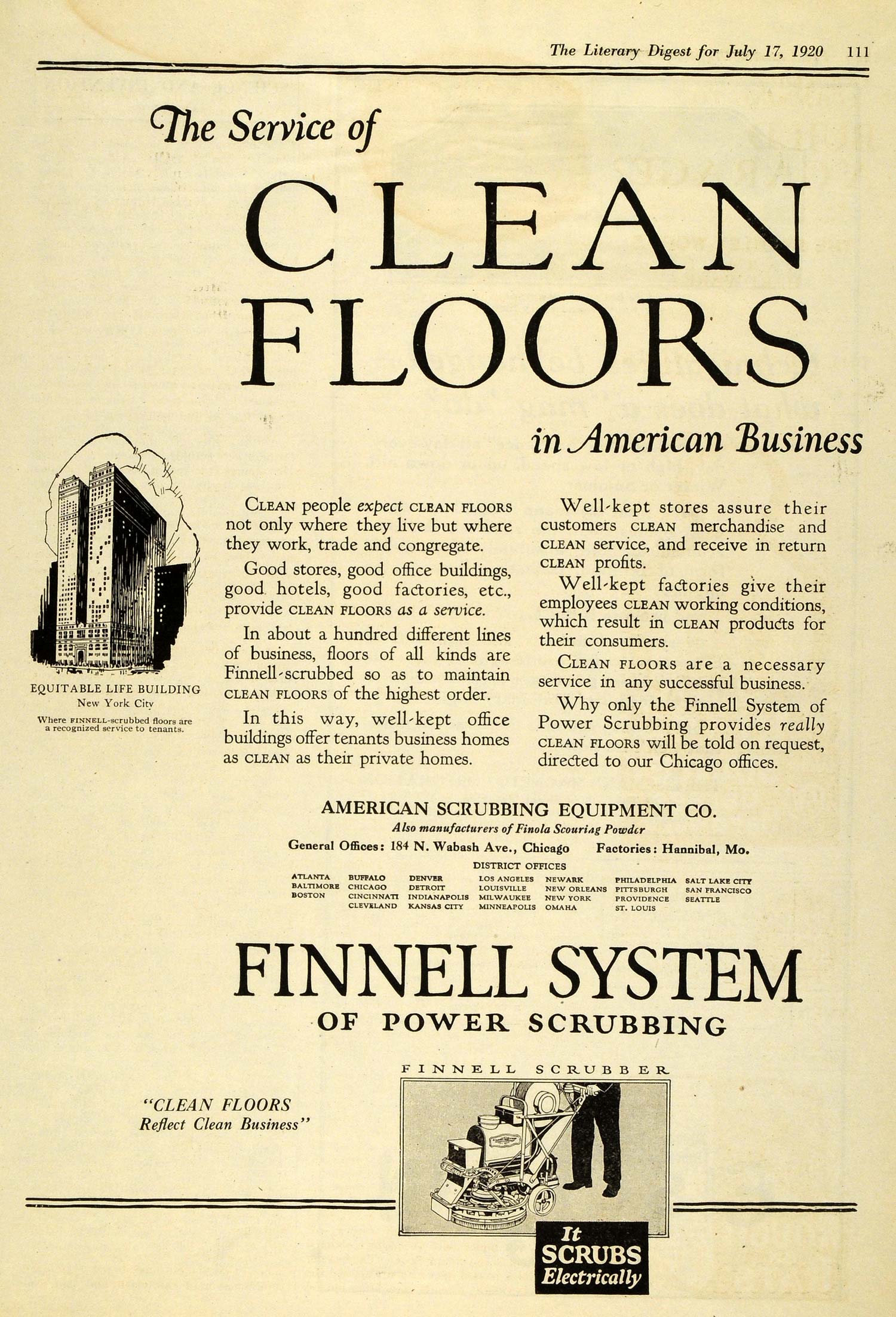 1920 Ad Finnell System Power Scrubbing Scrubber Machine Equitable Life TLD1