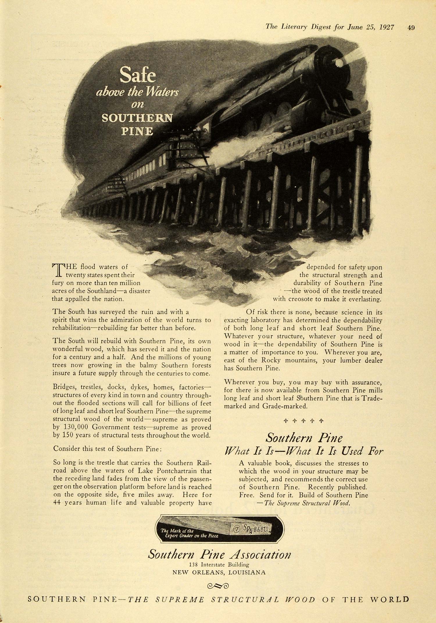 1927 Ad Southern Pine Association Railroad Train Travel Lake Pontchartrain TLD1