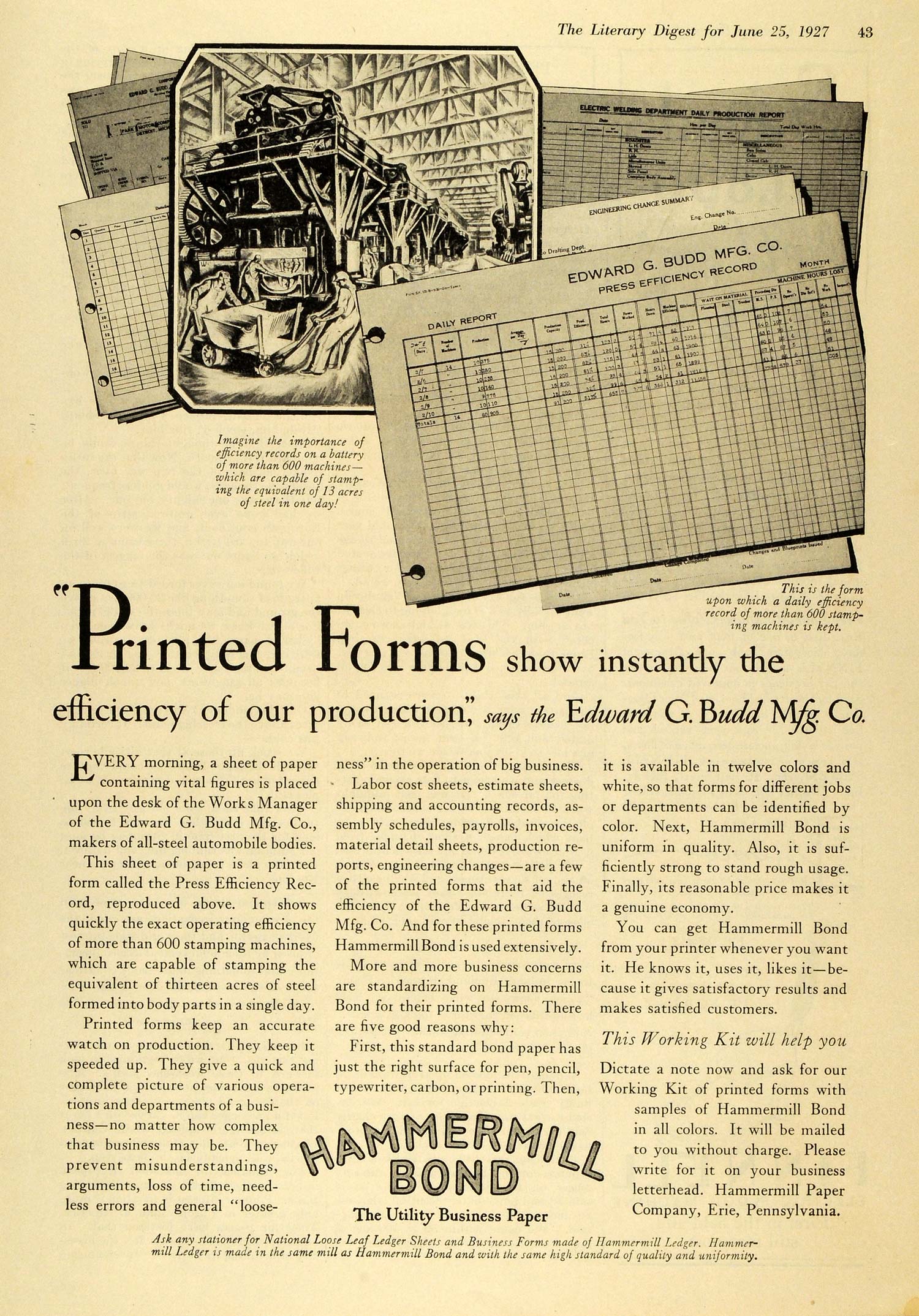 1927 Ad Hammermill Paper Co Bond Utility Business Forms Edward G Budd Mfg TLD1