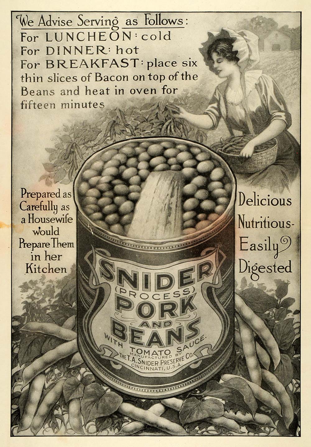 1913 Ad Snider Pork Beans Can Colonial Housewife Vegetable Gardening Green TLW1