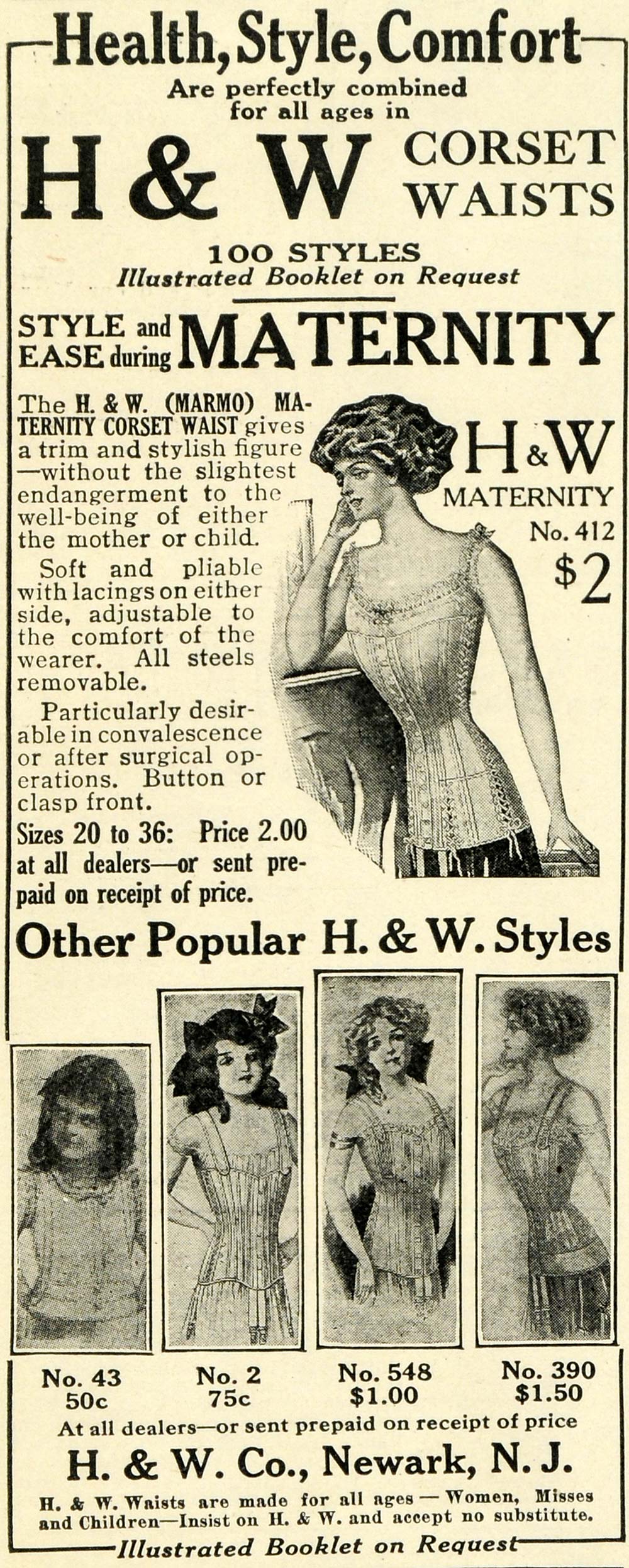 1913 Ad H W Corset Waists Marmo Maternity Children Victorian Undergarm –  Period Paper Historic Art LLC