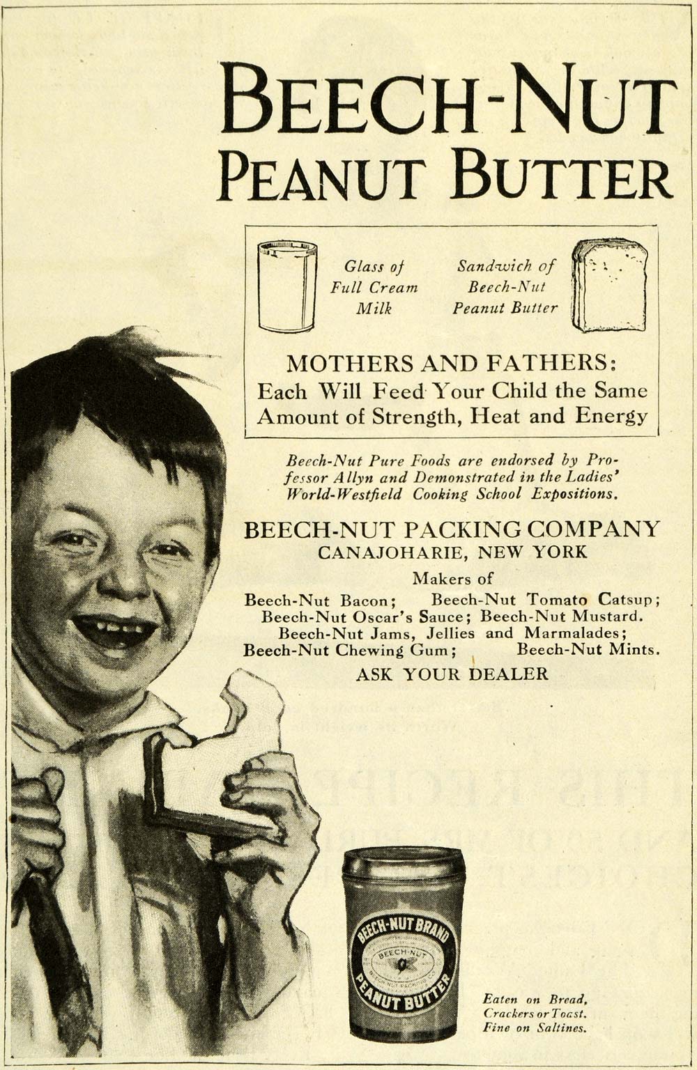 1916 Ad Beech Nut Peanut Butter Jar Boy Sandwich Condiment Canajoharie New TLW2