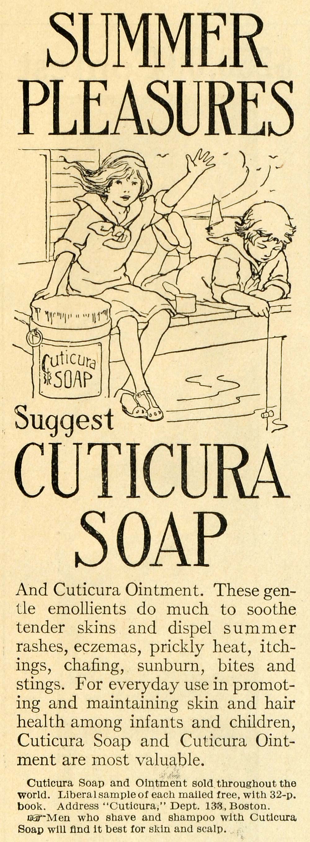 1913 Ad Cuticura Soap Ointment Summer Burn Skin Care Children Fishing TLW2