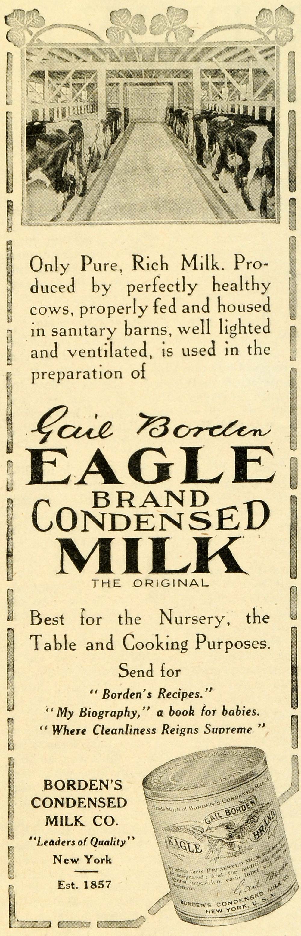 1913 Ad Gail Borden Eagle Brand Condensed Milk Dairy Cows Agricultural TLW2