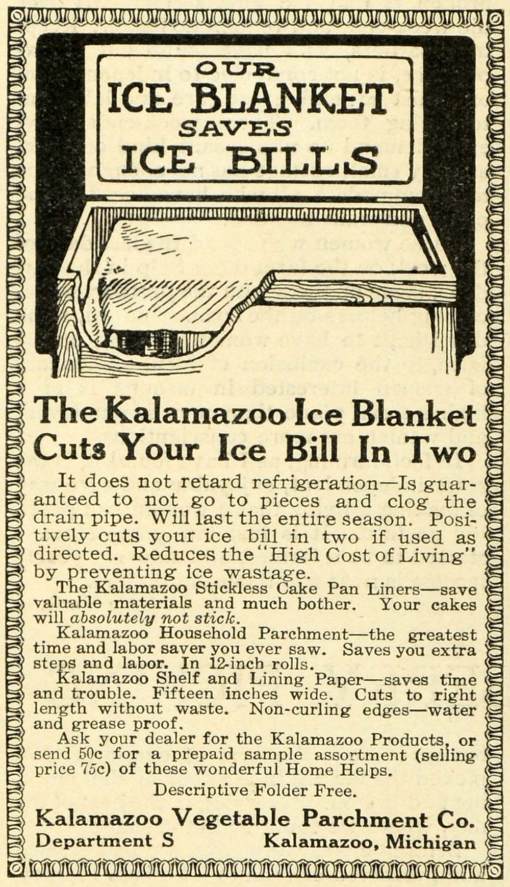 1913 Ad Kalamazoo Vegetable Parchment Ice Blanket Economical Household TLW2