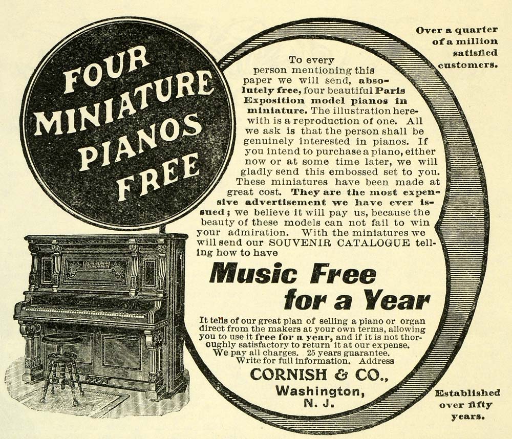 1901 Ad Paris Exposition Model Miniature Pianos Cornish Musical Instruments TLW2