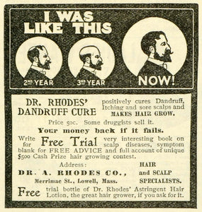 1901 Ad Dr. A. Rhodes Dandruff Baldness Hair Care Cure - ORIGINAL TLW2