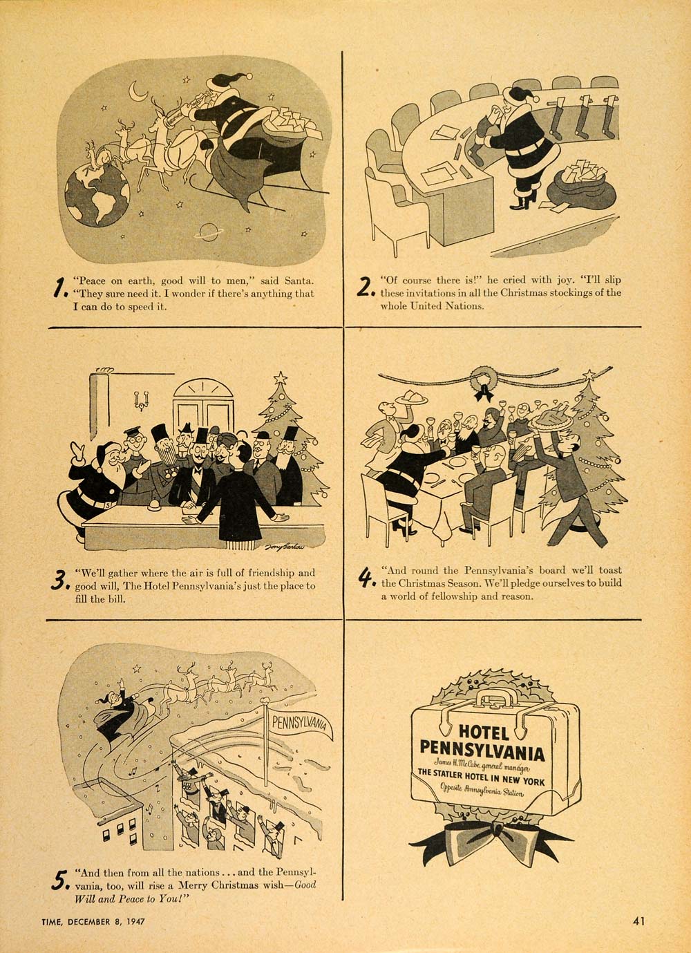 1947 Ad Hotel Pennsylvania Statler NYC Santa Cartoon - ORIGINAL ADVERTISING TM1