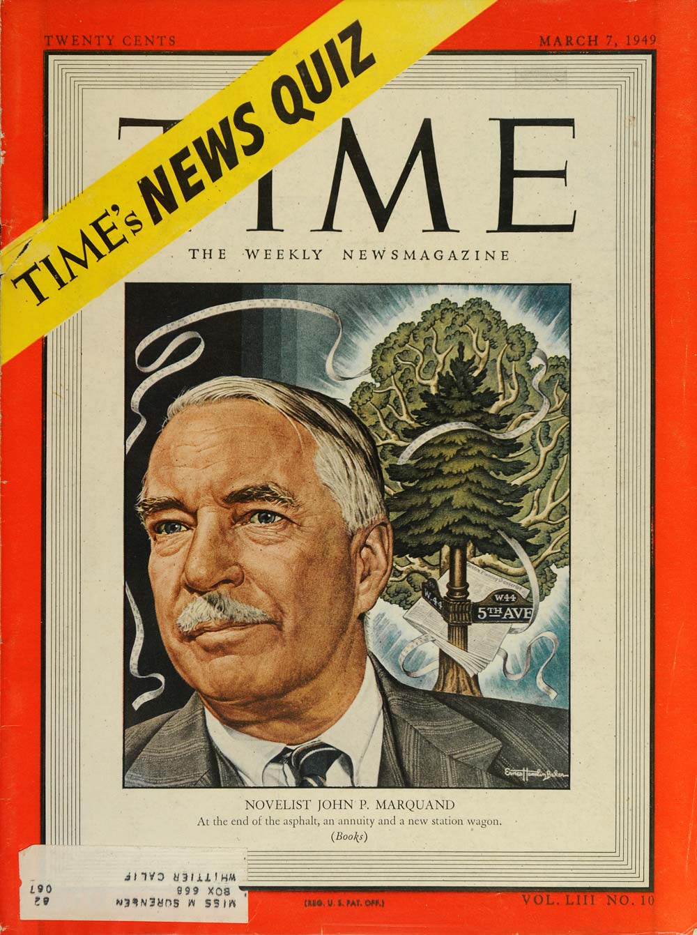 1949 Cover TIME John P. Marquand Ernest Hamlin Baker - ORIGINAL TM1