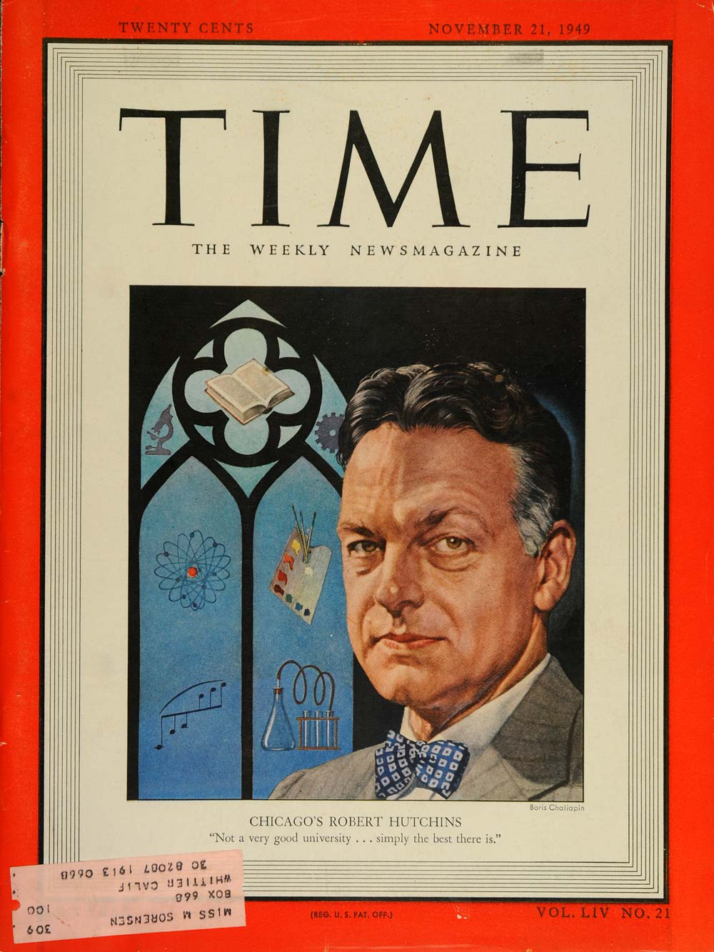 1949 Cover TIME Robert Maynard Hutchins Boris Chaliapin - ORIGINAL TM1