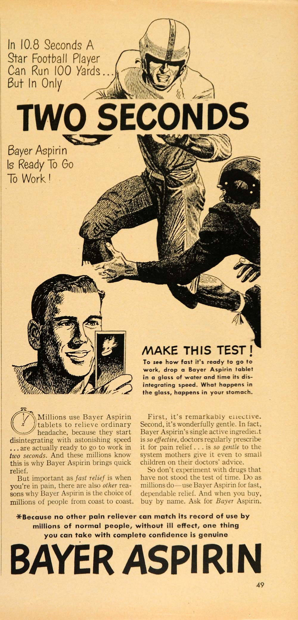 1949 Ad Bayer Aspirin Tablets Pain Football Player - ORIGINAL ADVERTISING TM1