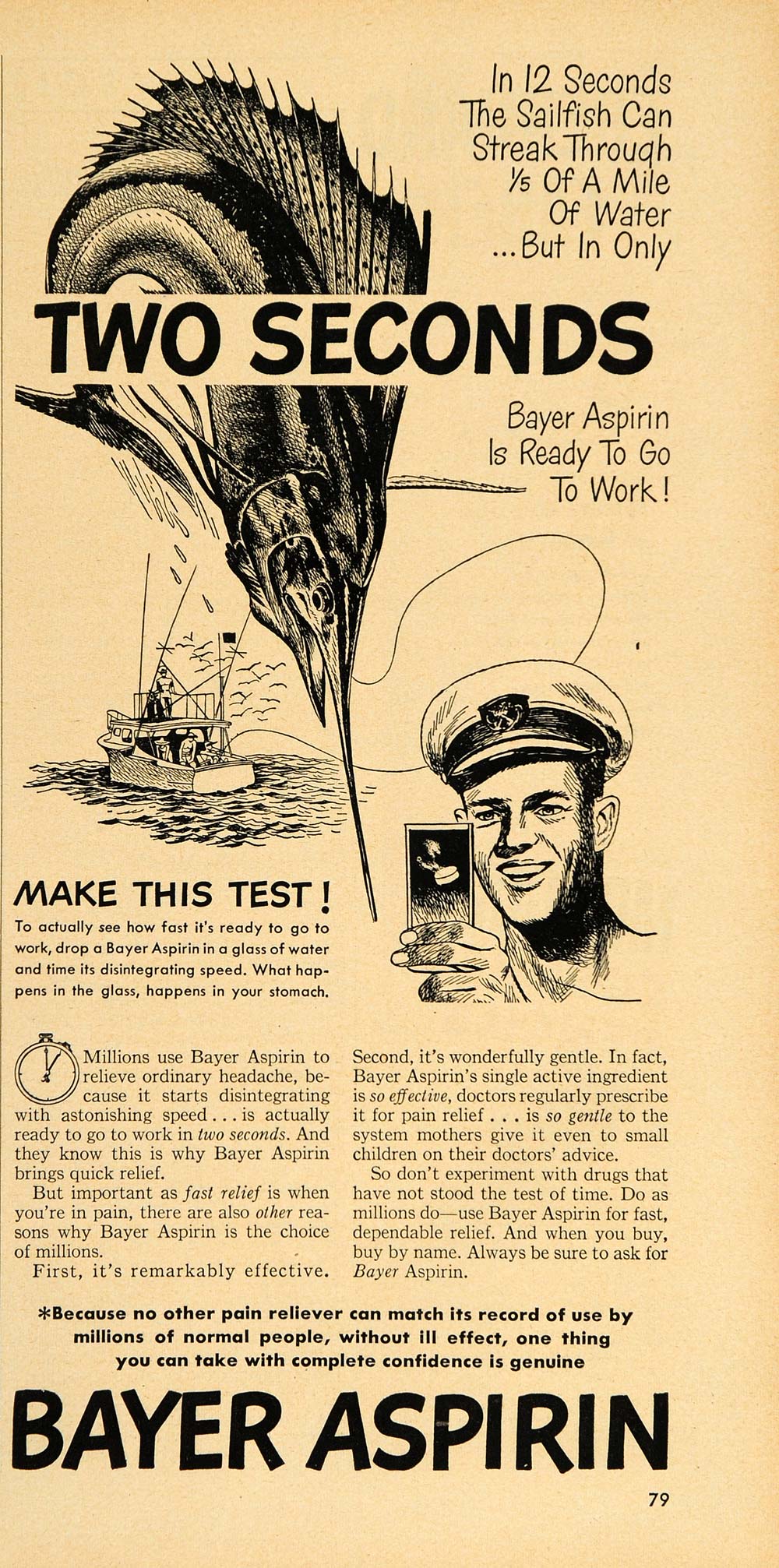 1949 Ad Bayer Aspirin Sailfish Fast Pain Relief Tablet - ORIGINAL TM1