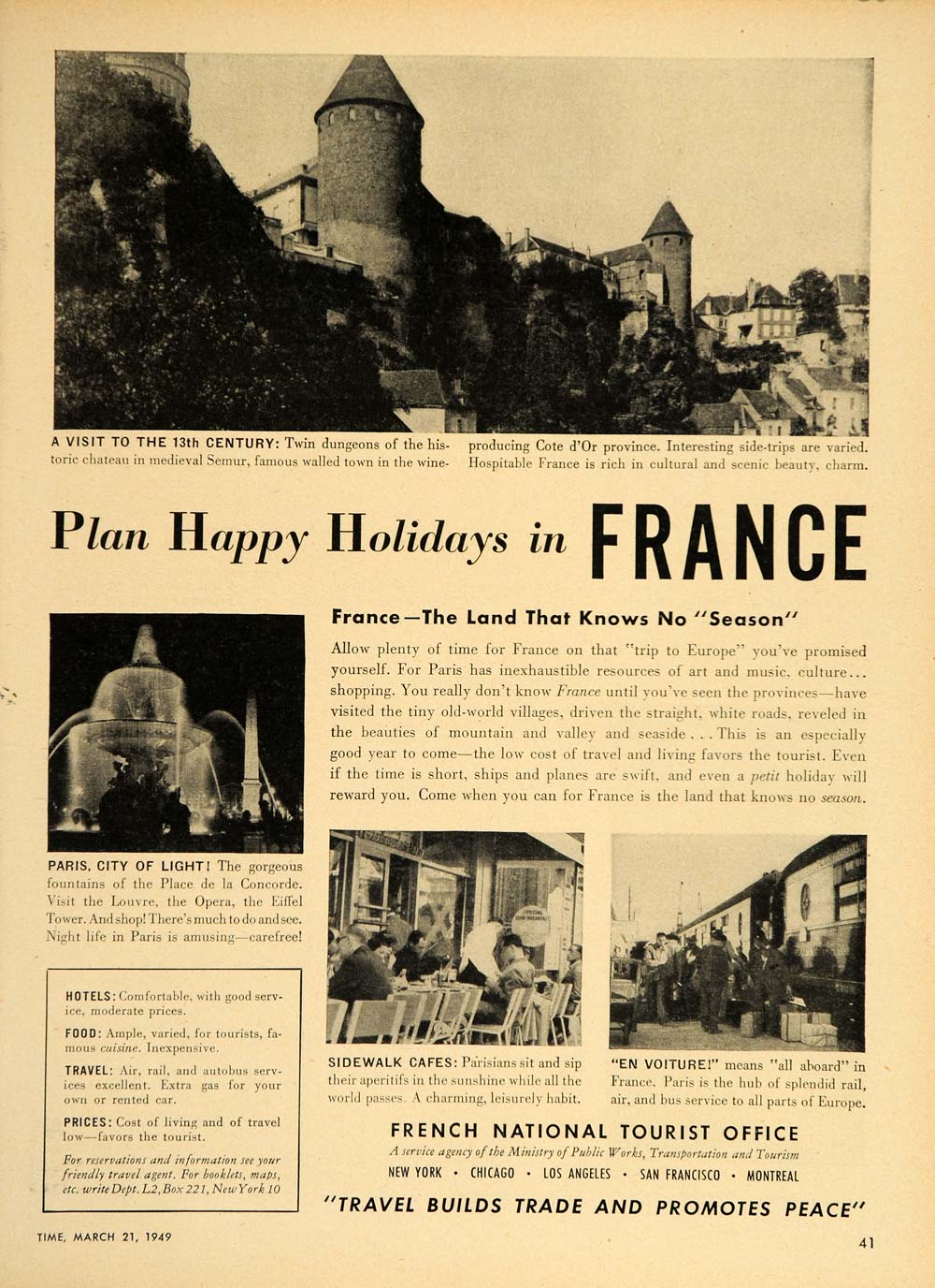 1949 Ad Travel France Chateau Semur Paris Sidewalk Cafe - ORIGINAL TM1