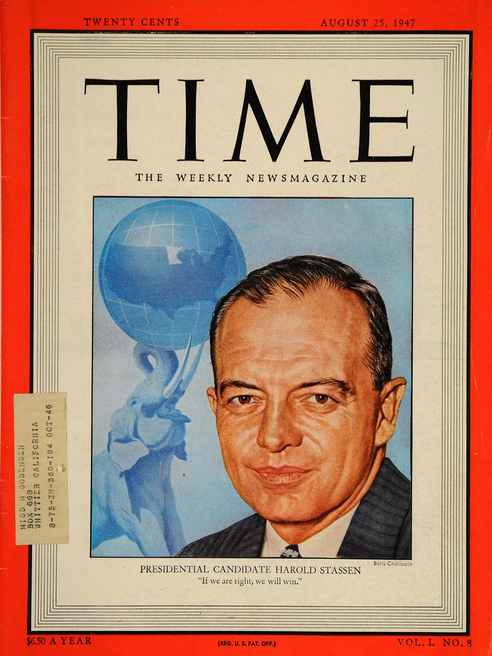 1947 Cover TIME Harold Stassen GOP Boris Chaliapin - ORIGINAL TM1