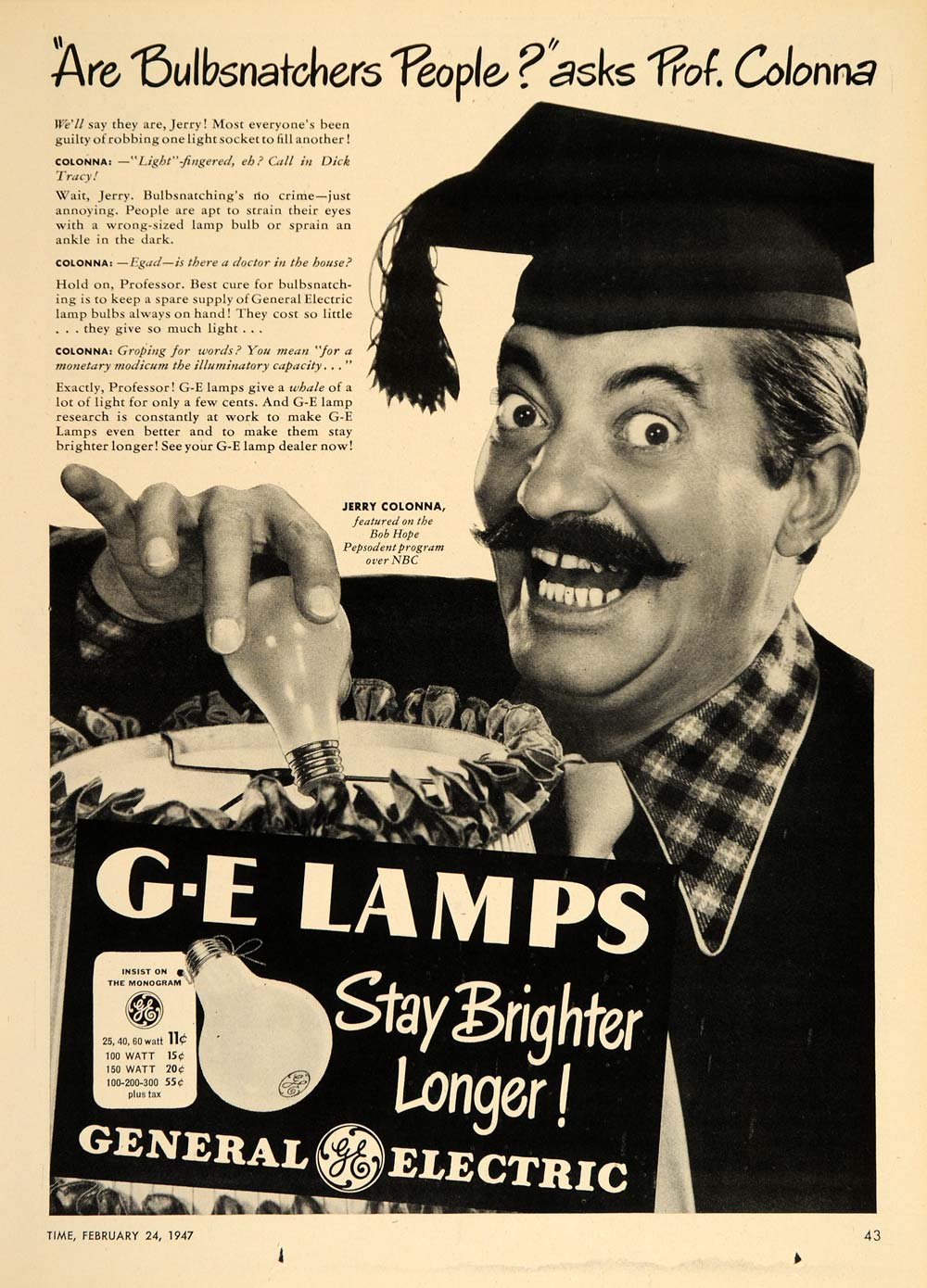 1947 Ad General Electric GE Light Bulbs Jerry Colonna - ORIGINAL ADVERTISING TM1