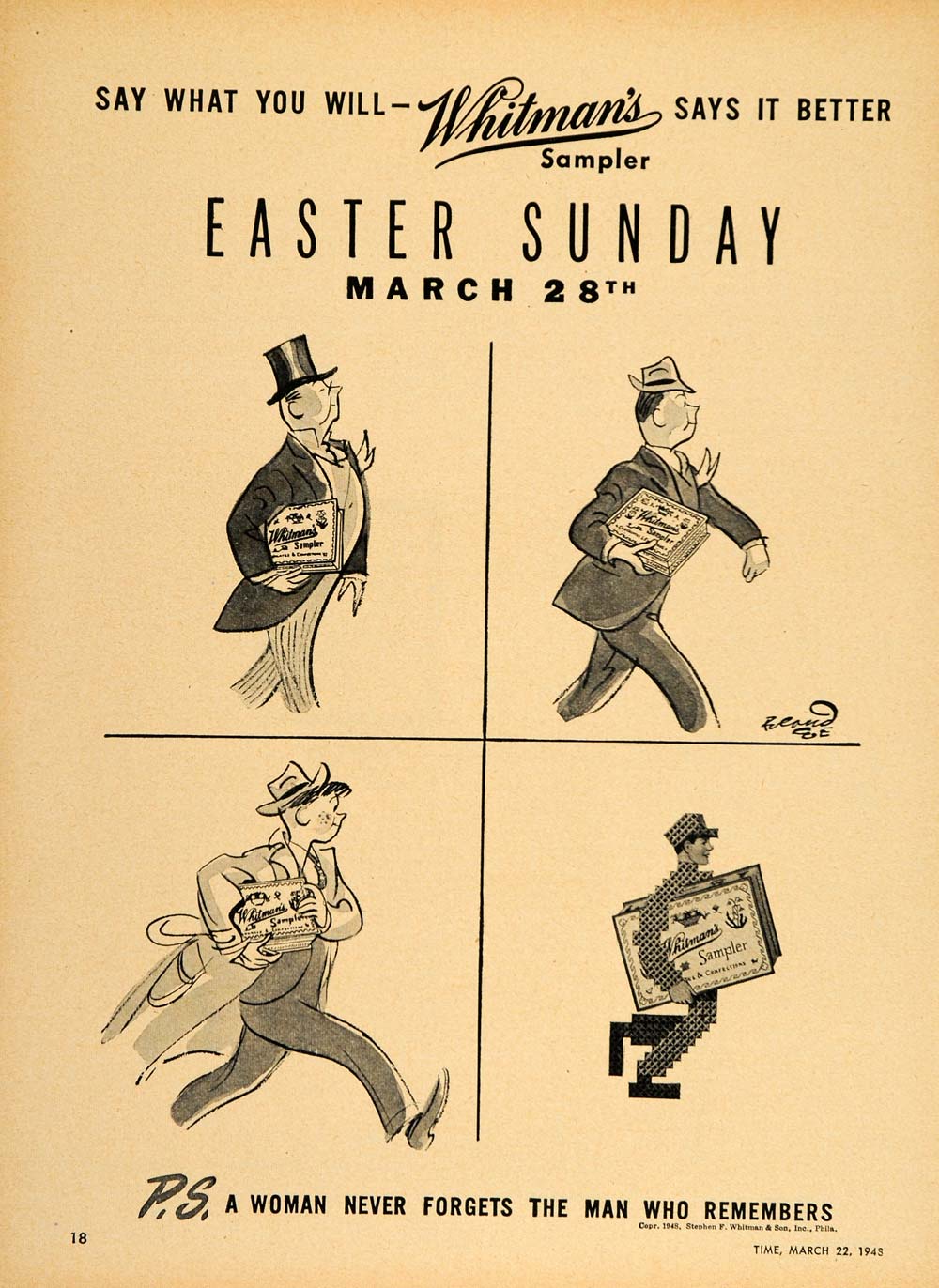 1948 Ad Whitman's Sampler Chocolates Box Easter Cartoon - ORIGINAL TM1
