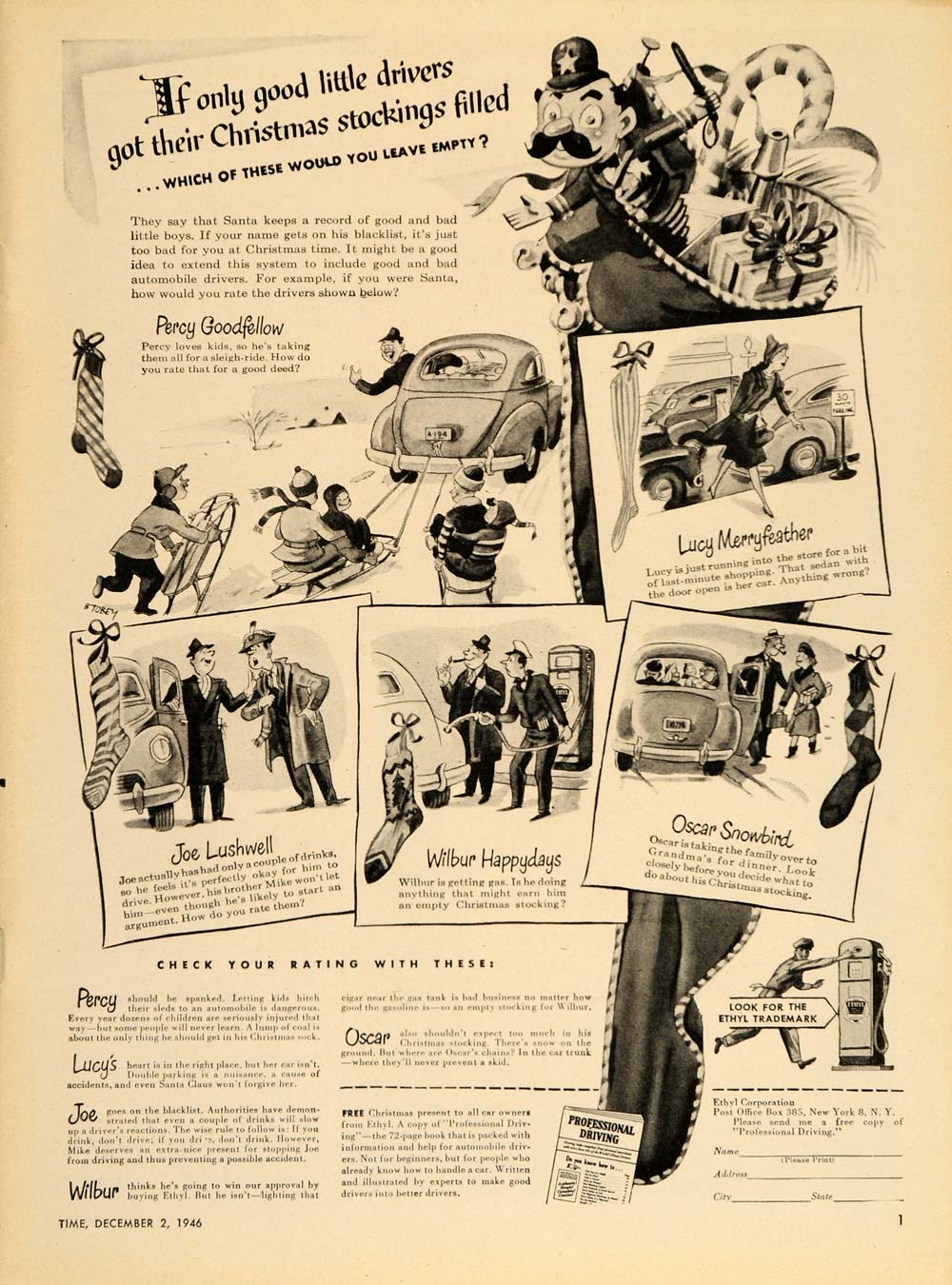 1946 Ad Ethyl Gas Gasoline Christmas Cartoon Drivers - ORIGINAL ADVERTISING TM1
