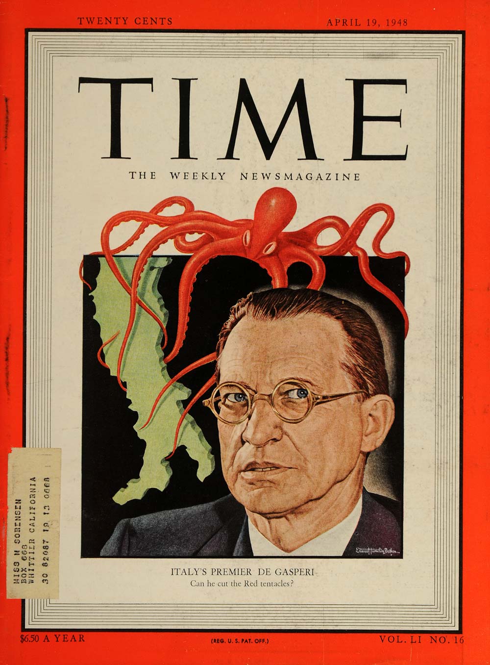 1948 Cover TIME Alcide De Gasperi Ernest Hamlin Baker - ORIGINAL TM1
