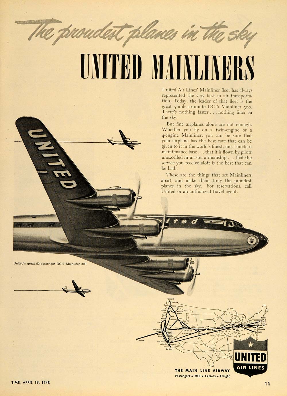 1948 Ad United Air Lines DC-6 Mainliner 300 Airplane - ORIGINAL ADVERTISING TM1