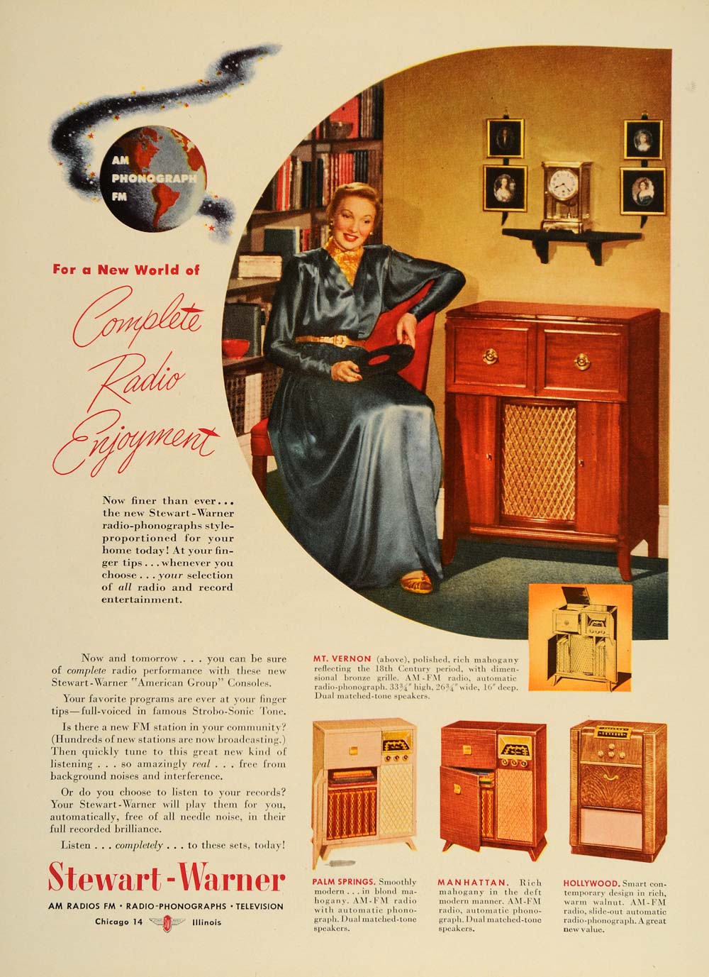 1948 Ad Stewart Warner Radio Phonograph Cabinet Console Media Entertainment TM1