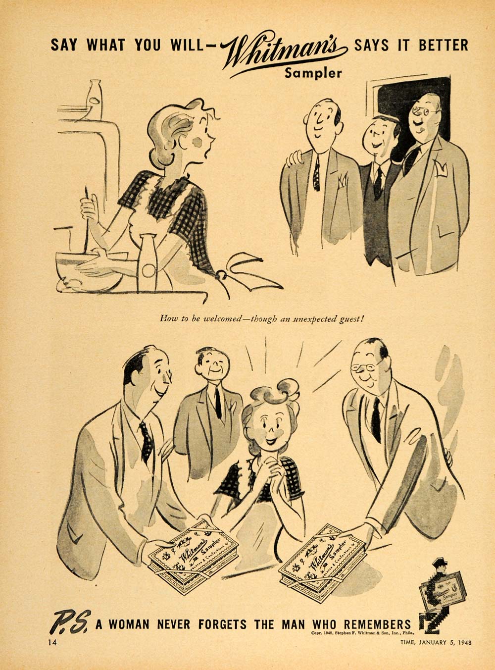 1948 Print Ad Whitman's Sampler Chocolates Box Cartoon - ORIGINAL TM1