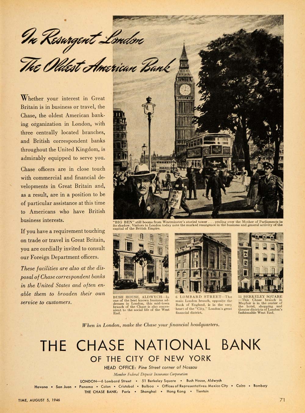 1946 Ad Chase National Bank London Branch Big Ben Bus - ORIGINAL ADVERTISING TM1