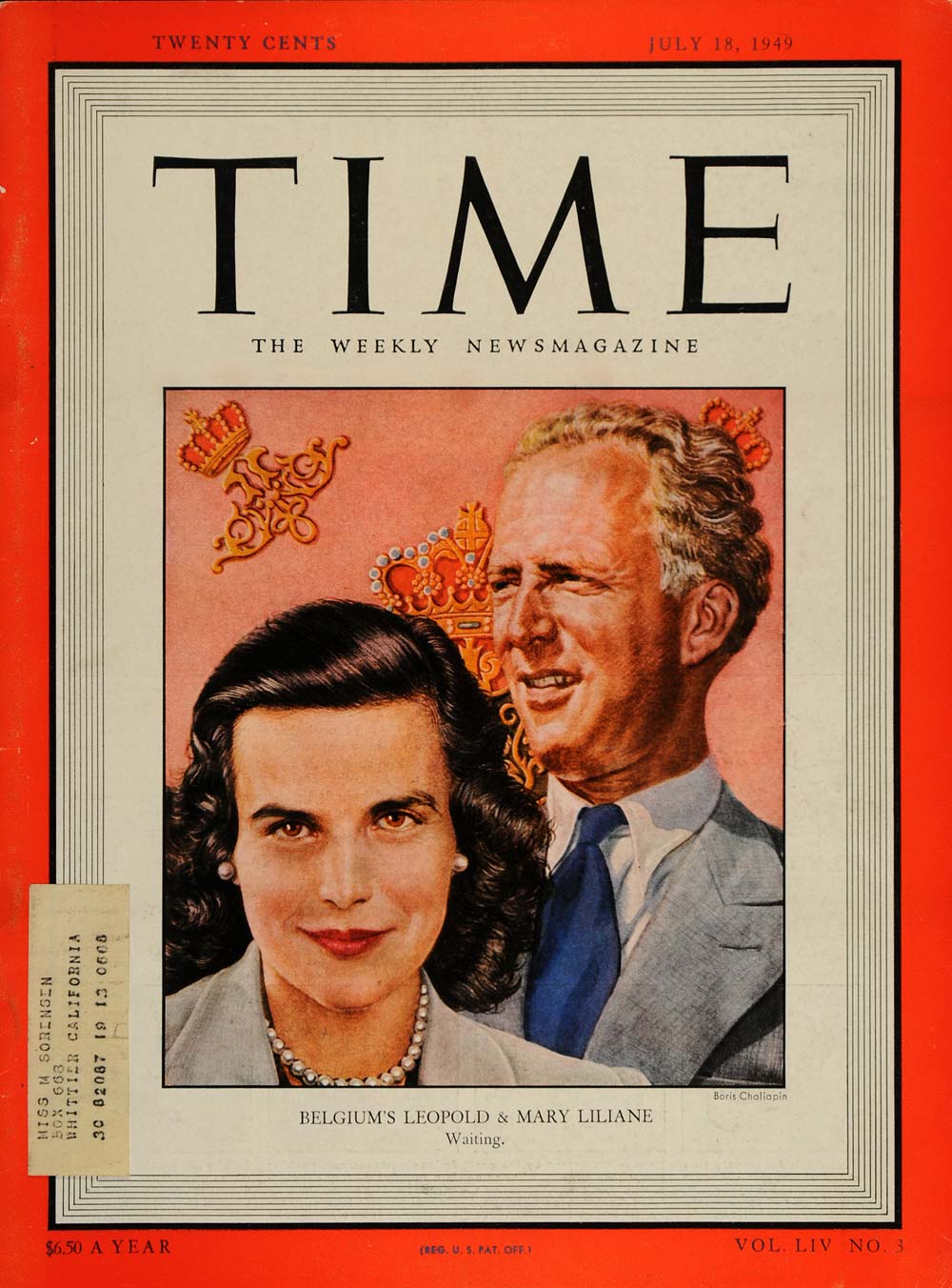 1949 Cover TIME King Leopold III Belgium Mary Liliane - ORIGINAL TM1