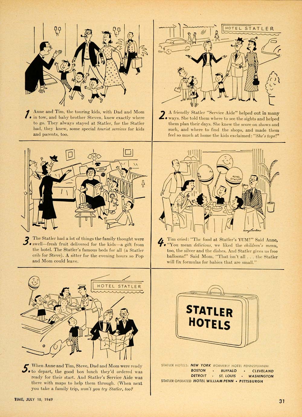 1949 Ad Statler Hotels Doorman Service Aide Cartoon - ORIGINAL ADVERTISING TM1