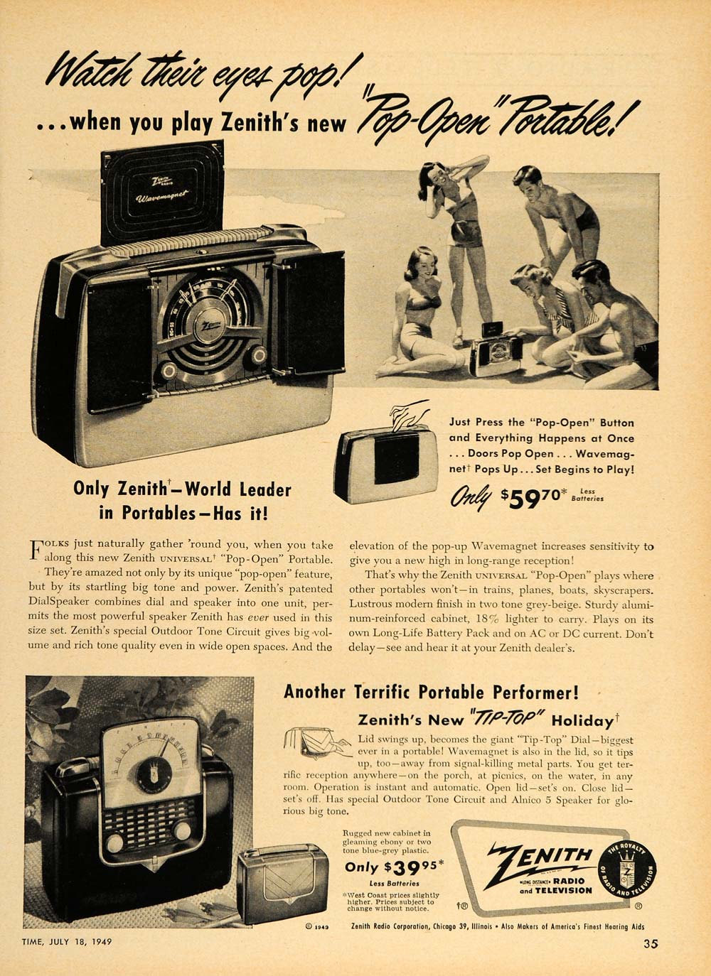 1949 Original Ad Zenith Pop Open Portable Radios Beach - ORIGINAL TM1