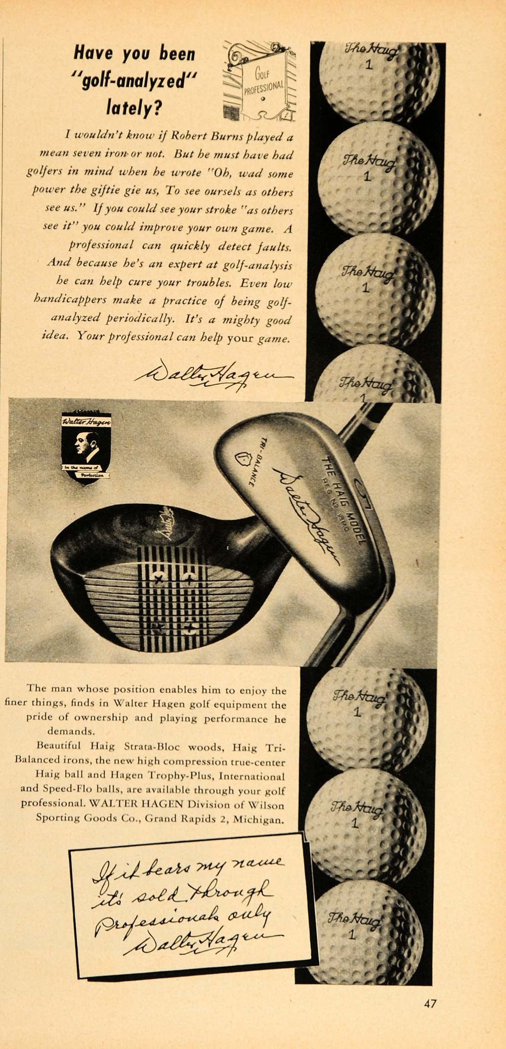 1948 Ad Walter Hagen Haig Golf Club Woods Irons Balls - ORIGINAL ADVERTISING TM1