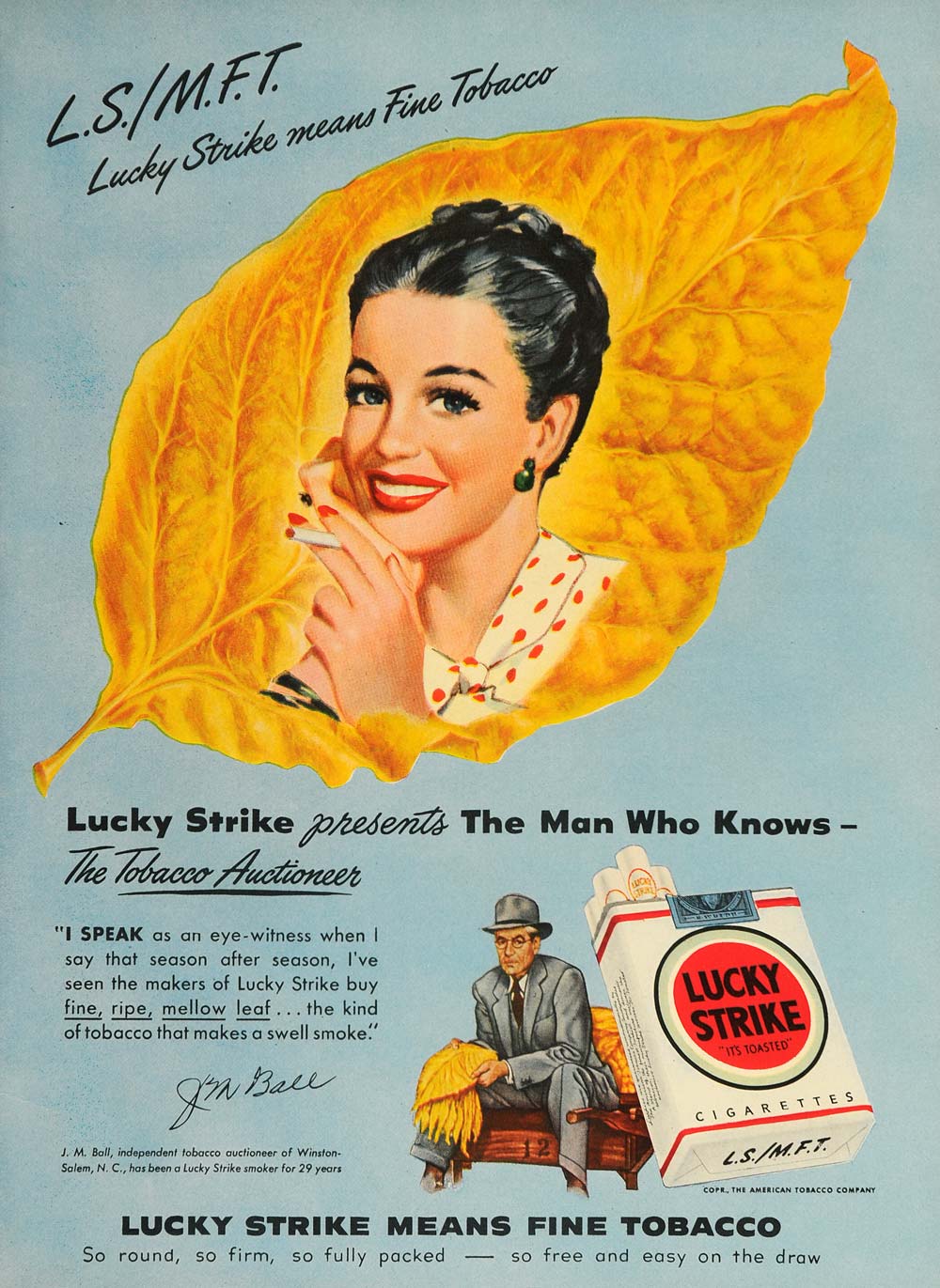 1948 Ad Lucky Strike Cigarettes J. M. Ball Auctioneer - ORIGINAL ADVERTISING TM1