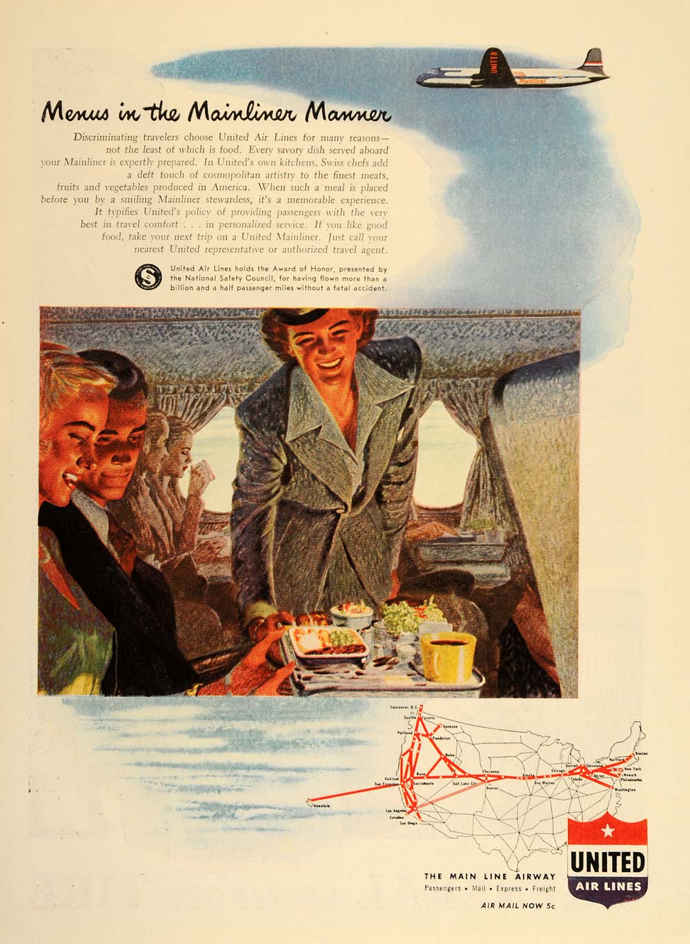 1947 Ad United Air Lines Airplane Stewardess Food Tray - ORIGINAL TM1