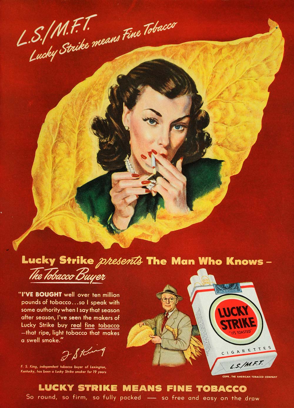 1948 Ad Lucky Strike Cigarettes F.S. King Tobacco Buyer - ORIGINAL TM1