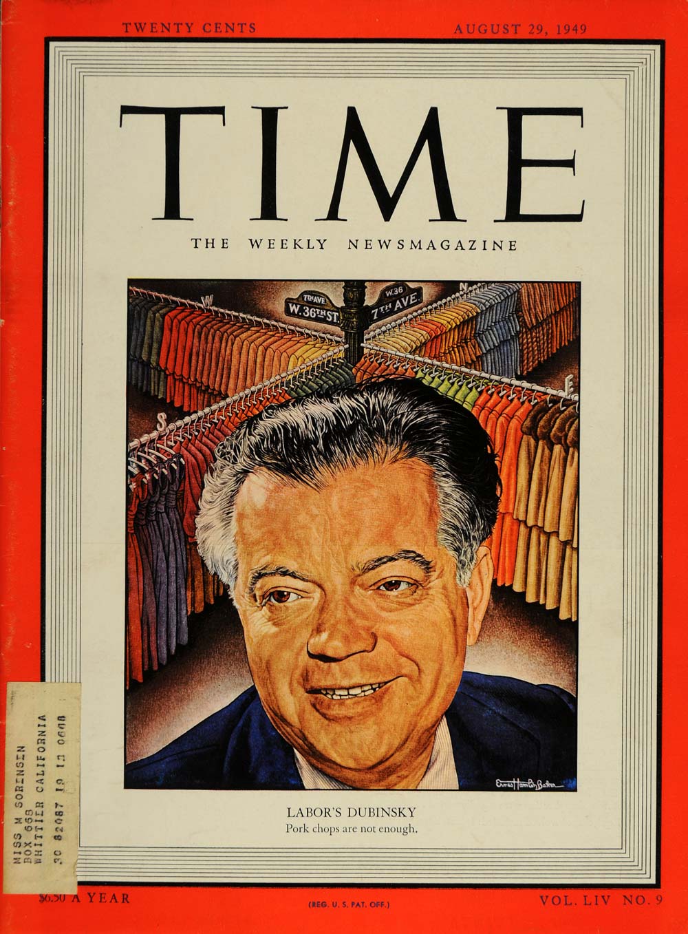 1949 TIME Cover David Dubinsky ILGWU Ernest H. Baker - ORIGINAL TM1