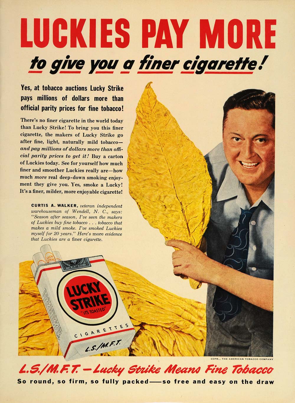 1949 Ad Lucky Strike Cigarettes Curtis A Walker Tobacco - ORIGINAL TM1 –  Period Paper Historic Art LLC