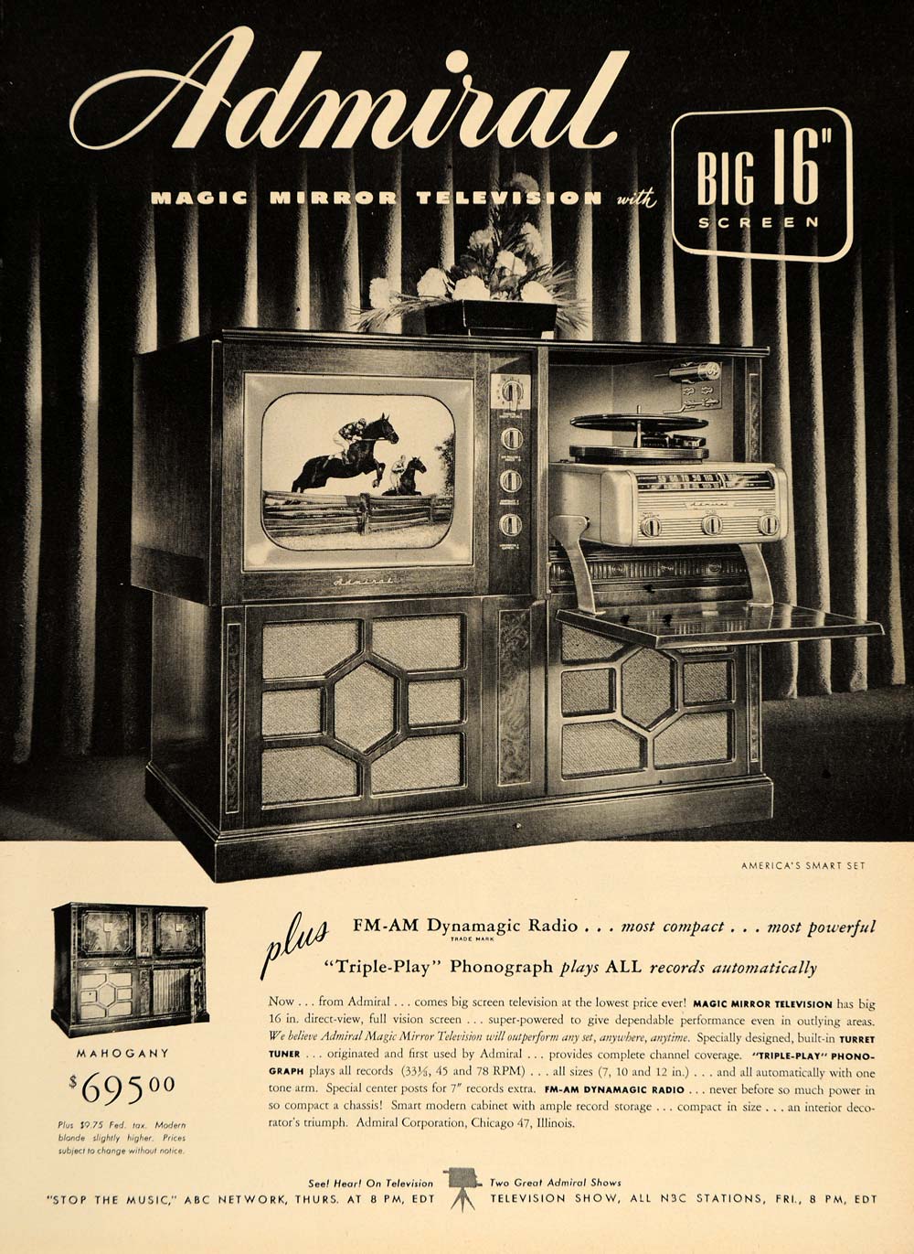 1949 Ad Admiral Magic Mirror Television 16" Phonograph - ORIGINAL TM1