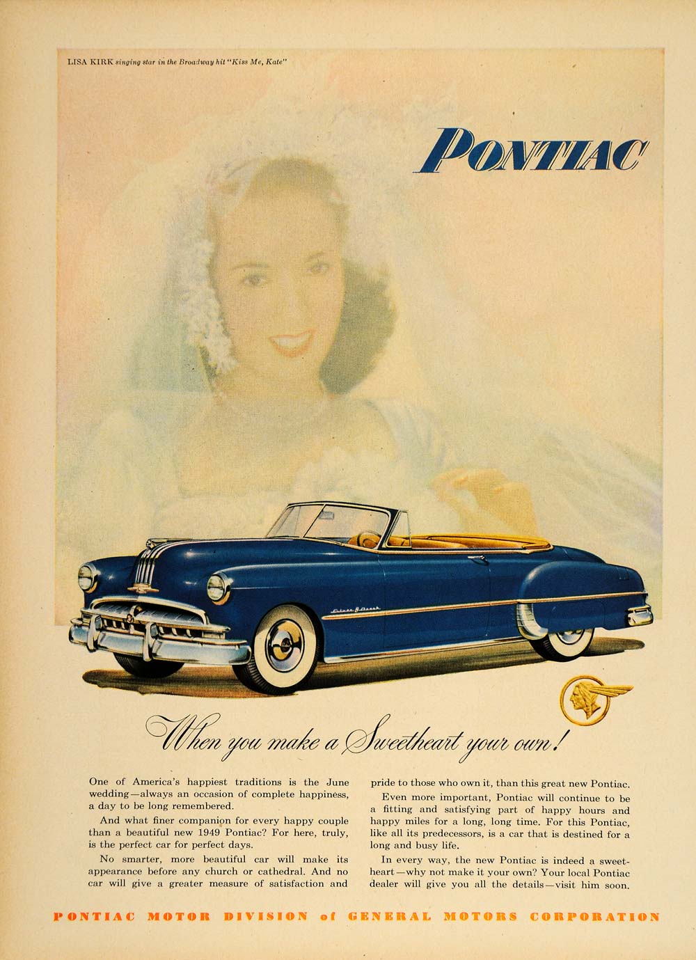 1949 Ad Pontiac Blue Convertible White Sidewalls Bride - ORIGINAL TM1
