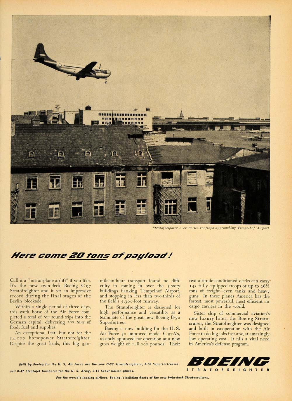 1949 Ad Boeing Stratofreighter C 97 Air Force Berlin - ORIGINAL ADVERTISING TM1