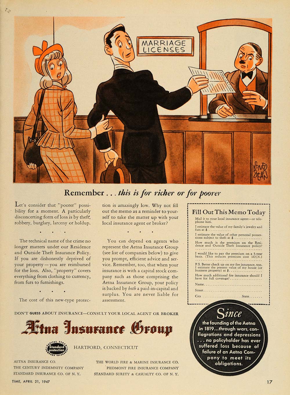 1947 Ad Aetna Insurance Marriage License Abner Dean - ORIGINAL ADVERTISING TM1