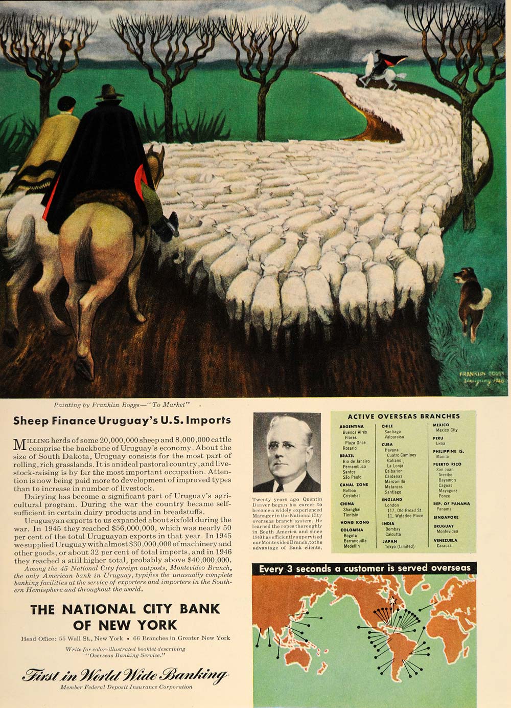 1947 Ad National City Bank NY Uruguay Shepherd Sheep - ORIGINAL ADVERTISING TM1