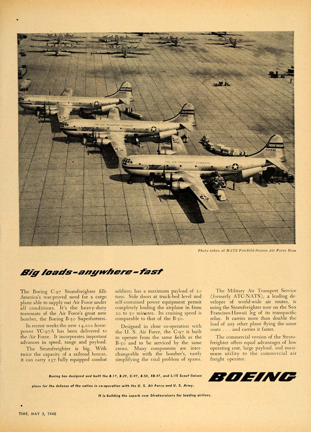 1948 Ad Boeing C-97 Stratofreighter MATS Air Force Base - ORIGINAL TM1