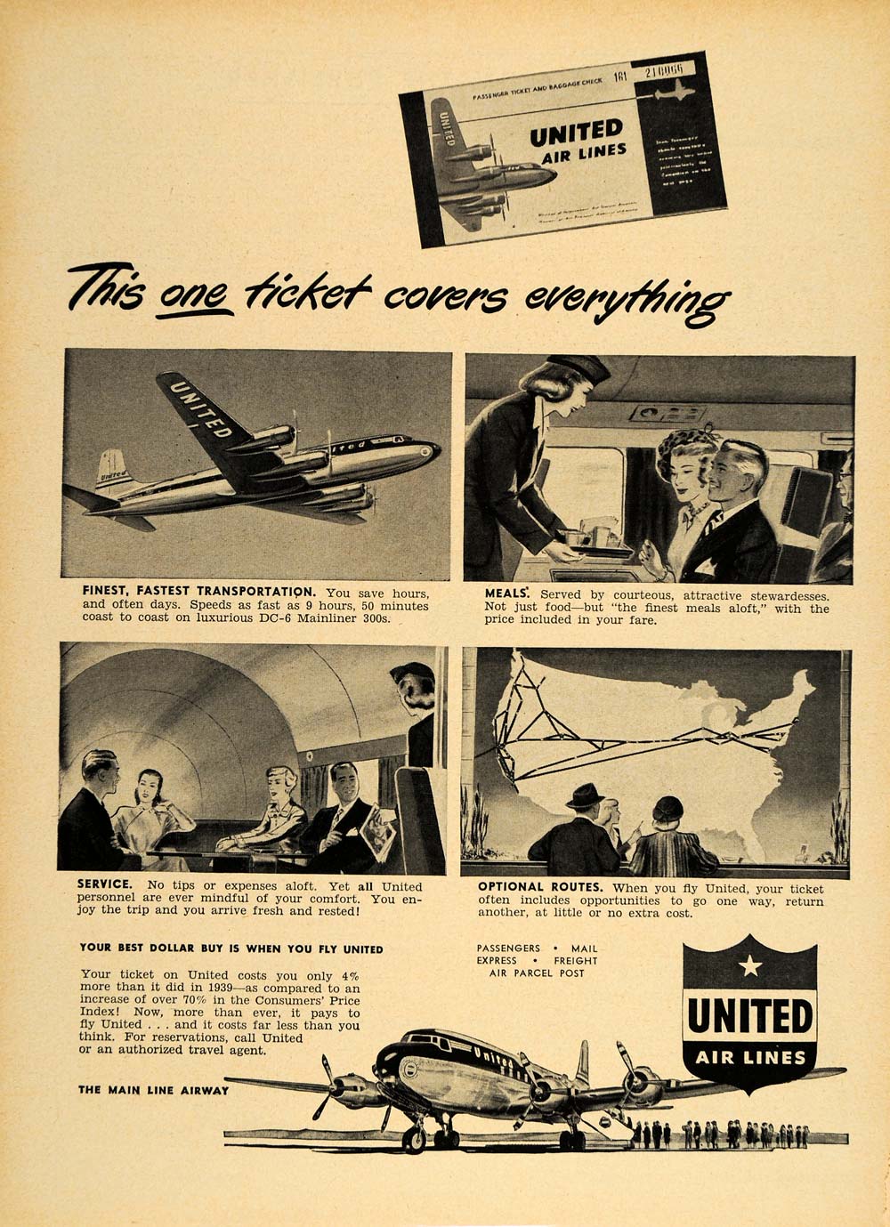 1949 Ad United Airlines Stewardess DC-6 Mainliner 300 - ORIGINAL ADVERTISING TM1