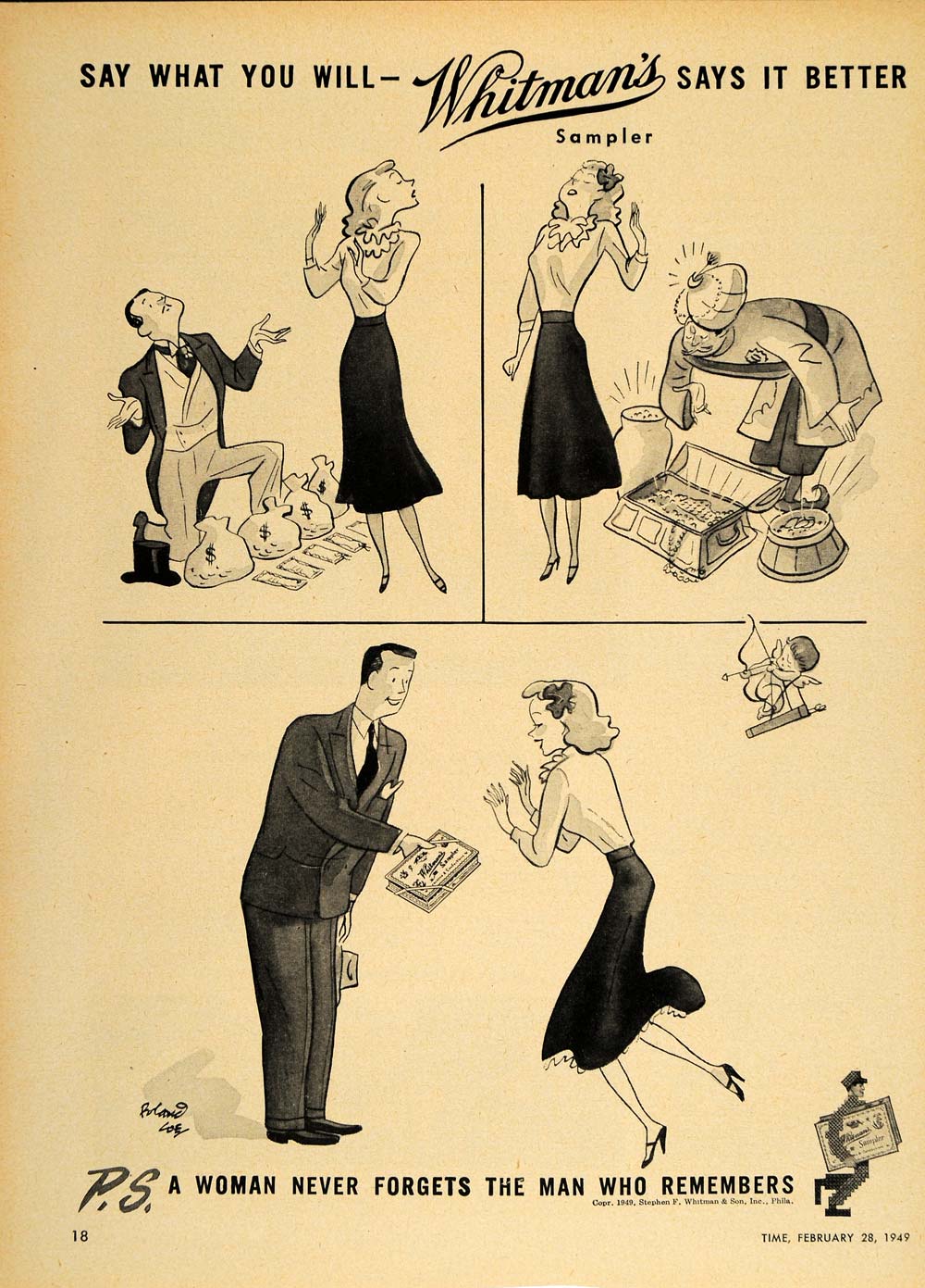 1949 Ad Whitman's Sampler Box Cupid Cartoon Roland Coe - ORIGINAL TM1