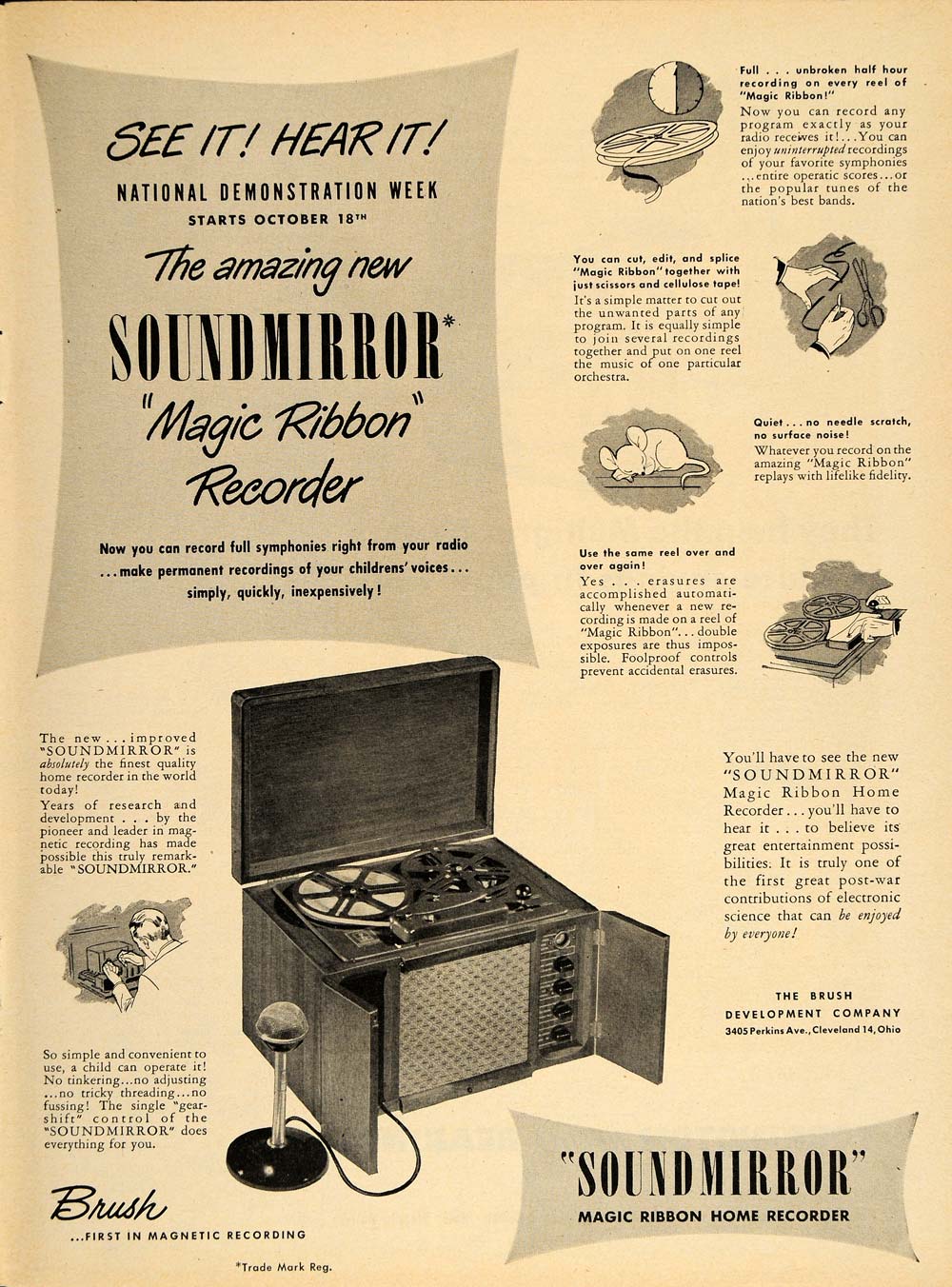 1948 Ad Brush Soundmirror Reel Tape Recorder Microphone - ORIGINAL TM1
